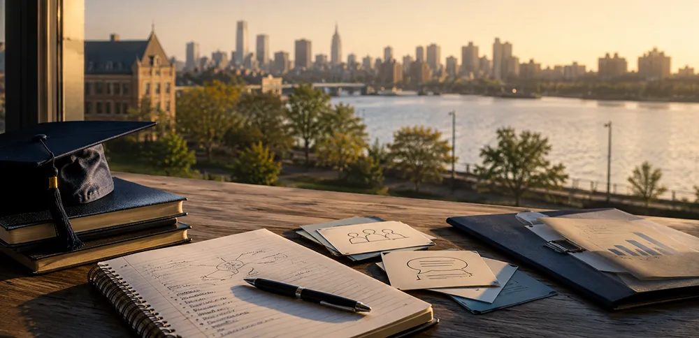 College and business communication materials with city skyline and river view