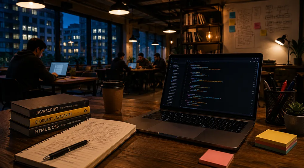 Coding workspace with laptop, notebook, and study materials