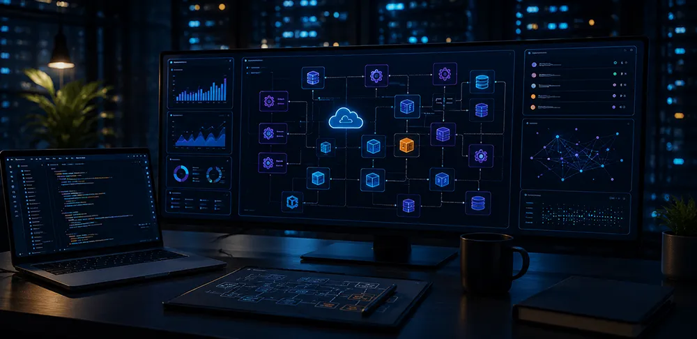 Abstract system dashboard with connected data and cloud workflow elements