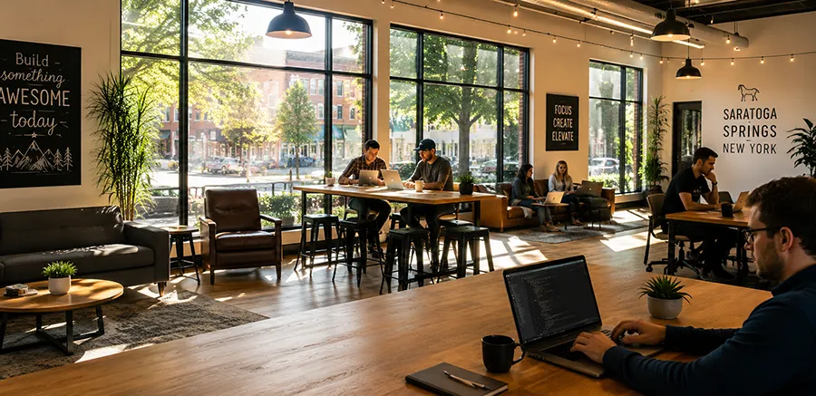 Bright coworking space with people working on website projects