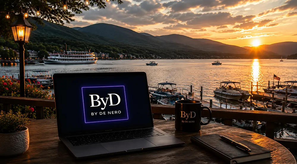 ByDeNero workspace on a Lake George patio with boats and mountains
