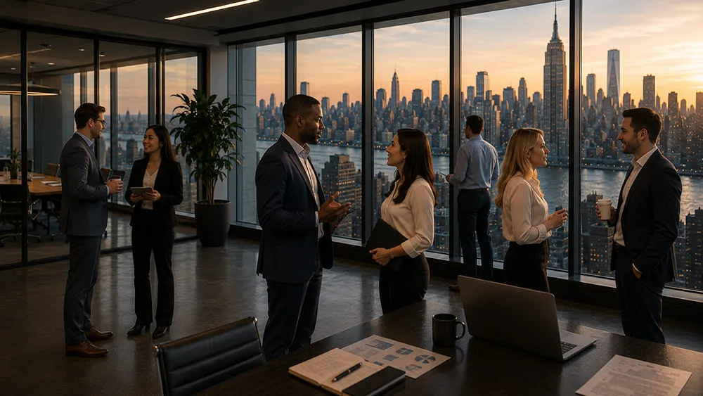 Professionals talking in a modern office with city skyline views