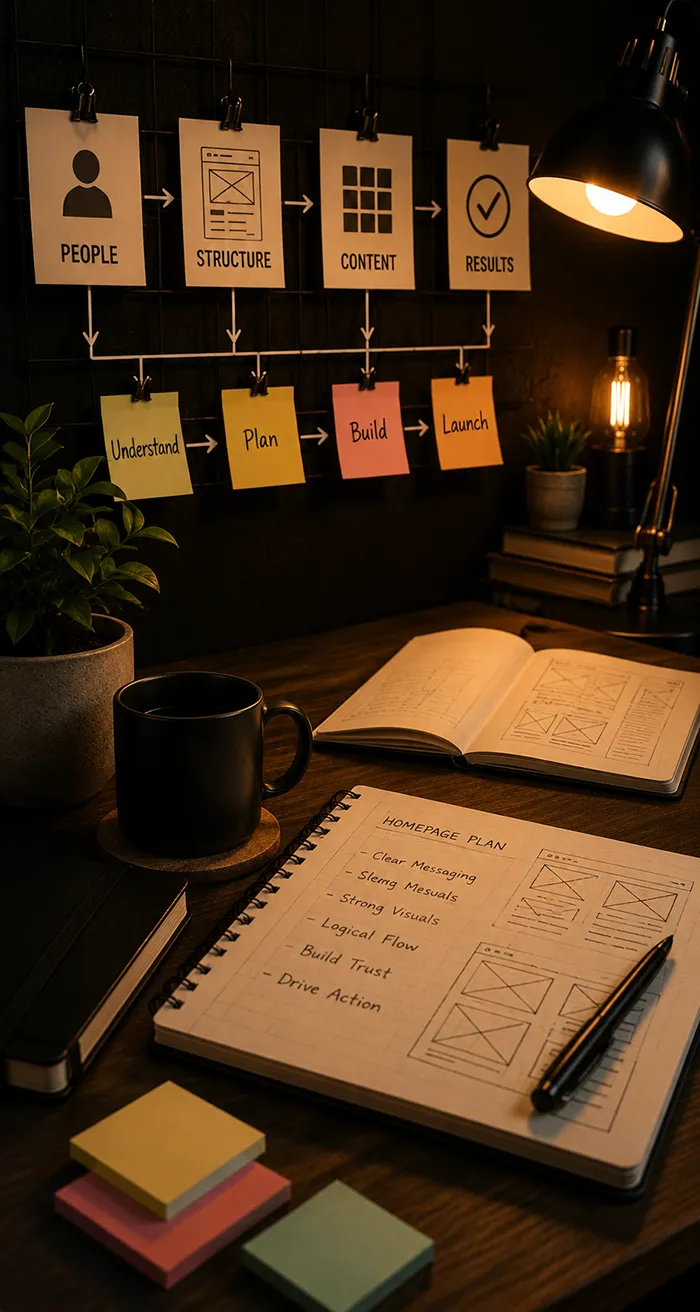 Website planning workspace showing a people-first process from understanding to launch