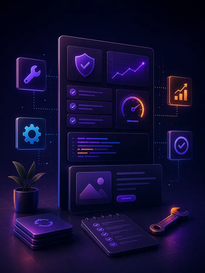 Abstract support dashboard with maintenance and status icons
